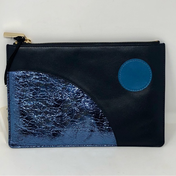 Whistles Leather Black Blue Small Mix Clutch Purse Cosmetics Case Zip Pouch NWT - Picture 1 of 10